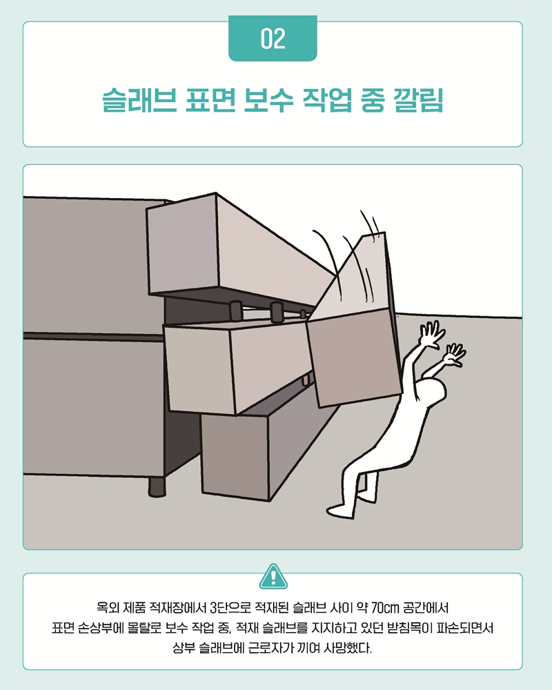슬래브 표면 보수 작업 중 깔림