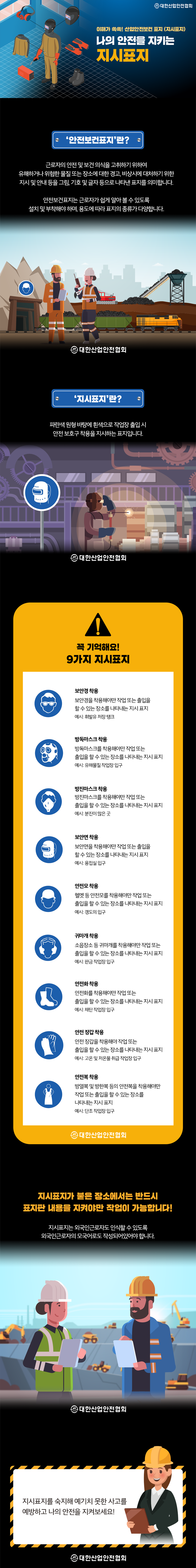이해가 쏙쏙! 산업안전보건표지 (지시표지) 나의 안전을 지키는 지시표지 안전보건표지란? 근로자의 안전 및 보건의식을 고취하기 위하여 유해하거나 위험한 물질 또는 장소에 대한 경고, 비상시에 대처하기 위한 지시 및 안내 등을 그림, 기호 및 글자 등으로 나타낸 표지를 의미합니다. 안전보건표지는 근로자가 쉽게 알아볼수 있도록 설치 및 부착해야 하며, 용도에 따라 표지의 종류가 다양합니다. 파란색 원형 바탕에 흰색으로 작업장 출입시 안전보호구 착용을 지시하는 표지입니다. 지시표지란? 대한산업안전협회 꼭 기억해요! 9가지 지시표지 보안경 착용 보안경을 착용해야만 작업 또는 출입을 할 수 있는 장소를 나타내는 지시표지 예시: 휘발유 저장탱크 방독마스크 착용 방독마스크를 착용해야만 작업 또는 출입을 할 수 있는 장소를 나타내는 지시표지 예시: 유해물질 작업장 입구 방진마스크 착용 방진마스크를 착용해야만 작업 또는 출입을 할 수 있는 장소를 나타내는 지시 표지 예시: 분진이 많은 곳 보안면 착용 보안면을 착용해야만 작업 또는 출입을 할수 있는 장소를 나타내는 지시표지 예시: 용접실 입구 대한산업안전협회 안전모 착용 헬멧 등 안전모를 착용해야만 작업 또는 출입을 할수 있는 장소를 나타내는 지시표지 예시: 갱도의 입구 귀마개 착용 소음장소 등 귀마개를 착용해야만 작업 또는 출입을 할 수 있는 장소를 나타내는 지시표지 예시: 판금작업장 입구 안전화 착용 안전화를 착용해야만 작업 또는 출입을 할 수 있는 장소를 나타내는 지시 표지 예시: 채탄작업장 입구 안전장갑 착용 안전장갑을 착용해야 작업 또는 출 할수 있는 장소를 나타내는 지시표지 입을 예시: 고온 및 저온물 취급작업장 입구 안전복 착용 방열복 및 방한복 등의 안전복을 착용해야만 작업 또는 출입을 할 수 있는 장소를 나타내는지시표지 예시: 단조 작업장 입구 대한산업안전협회 지시표지가 붙은 장소에서는 반드시 표지판 내용을 지켜야만 작업이 가능합니다! 지시표지는 외국인근로자도 인식할수 있도록 외국인근로자의 모국어로도 작성되어있어야합니다. 지시표지를 숙지해 예기치 못한 사고를 예방하고 나의 안전을 지켜보세요! 대한산업안전협회