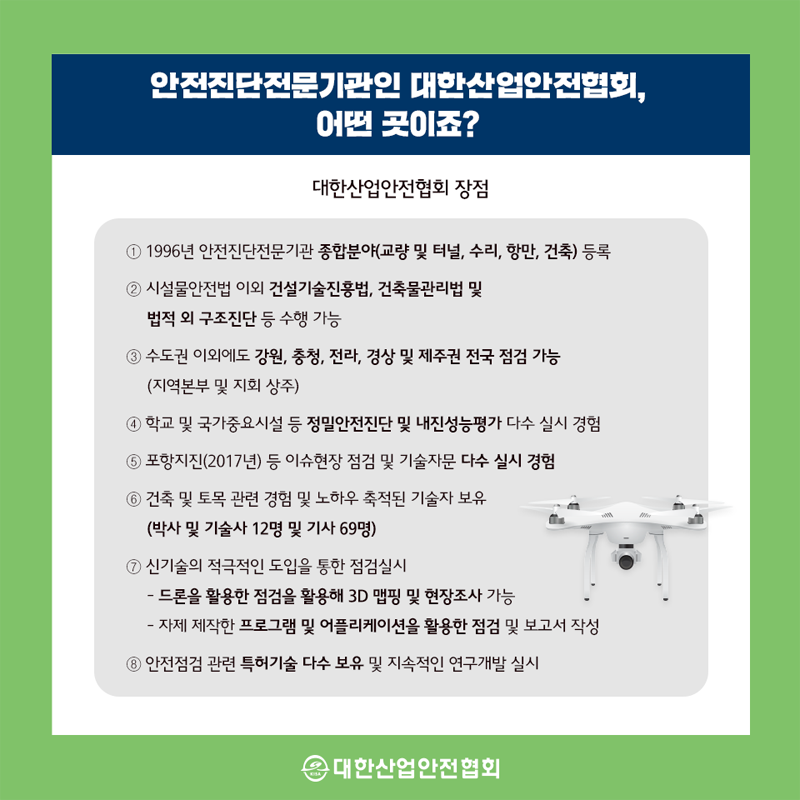 안전진단전문기관인 대한산업안전협회, 어떤 곳이죠? 대한산업안전협회 장점 1 1996년 안전진단전문기관 종합분야(교량 및 터널, 수리, 항만, 건축) 등록 2 시설물안전법 이외 건설기술진흥법, 건축물관리법 및 법적 외 구조진단 등 수행 가능 3 수도권 이외에도 강원, 충청, 전라, 경상 및 제주권 전국 점검 가능 (지역본부 및 지회 상주) 4 학교 및 국가중요시설 등 정밀안전진단 및 내진성능평가 다수 실시 경험 5 포항지진(2017년) 등 이슈현장 점검 및 기술자문 다수 실시 경험 6 건축 및 토목 관련 경험 및 노하우 축적된 기술자 보유 (박사 및 기술사 12명 및 기사 69명) 7 신기술의 적극적인 도입을 통한 점검실시 드론을 활용한 점검을 활용해 3D 맵핑 및 현장조사 가능 자제 제작한 프로그램 및 어플리케이션을 활용한 점검 및 보고서 작성 8안전점검 관련 특허기술 다수 보유 및 지속적인 연구개발실시