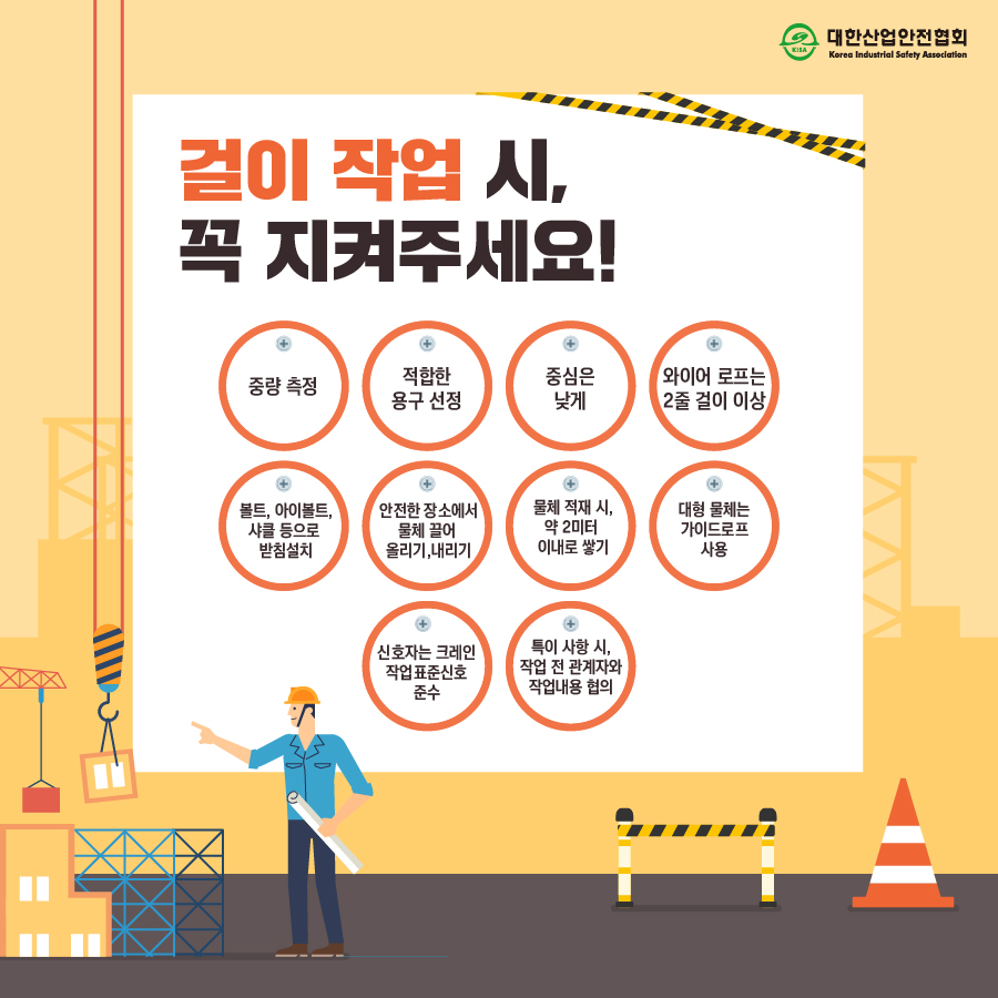 걸이 작업 시, 꼭 지켜주세요! 중량 측정 볼트, 아이볼트, 샤클 등으로 받침설치 적합한 용구 선정 안전한 장소에서 물체 끌어 올리기, 내리기, 신호자는 크레인 작업표준신호 준수 중심은 낮게 물체 적재시, 약 2미터 이내로 쌓기 특이사항 시, 작업 전 관계자와 작업내용 협의 와이어 로프는 2줄걸이 이상 대형 물체는 가이드로프 사용