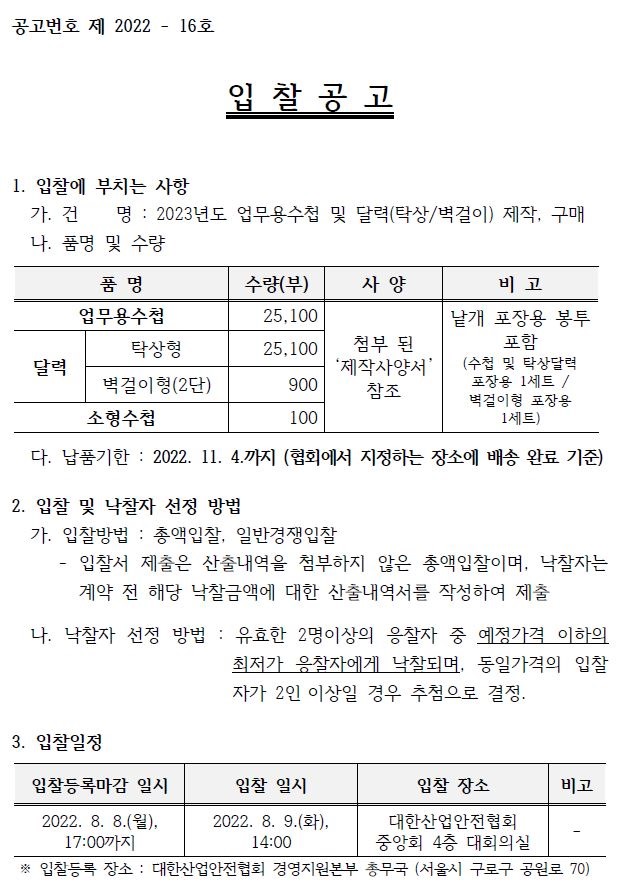 공고번호 제 2022 - 16호 입 찰 공 고 1. 입찰에 부치는 사항 가. 건 명 : 2023년도 업무용수첩 및 달력(탁상/벽걸이) 제작, 구매 나. 품명 및 수량 품 명 수량(부) 사 양 비 고 업무용수첩 25,100 첨부 된 ‘제작사양서’ 참조 낱개 포장용 봉투 포함 (수첩 및 탁상달력 포장용 1세트 / 벽걸이형 포장용 1세트) 달력 탁상형 25,100 벽걸이형(2단) 900 소형수첩 100 다. 납품기한 : 2022. 11. 4.까지 (협회에서 지정하는 장소에 배송 완료 기준) 2. 입찰 및 낙찰자 선정 방법 가. 입찰방법 : 총액입찰, 일반경쟁입찰 - 입찰서 제출은 산출내역을 첨부하지 않은 총액입찰이며, 낙찰자는 계약 전 해당 낙찰금액에 대한 산출내역서를 작성하여 제출 나. 낙찰자 선정 방법 : 유효한 2명이상의 응찰자 중 예정가격 이하의 최저가 응찰자에게 낙찰되며, 동일가격의 입찰 자가 2인 이상일 경우 추첨으로 결정. 3. 입찰일정 ※ 입찰등록 장소 : 대한산업안전협회 경영지원본부 총무국 (서울시 구로구 공원로 70) 입찰등록마감 일시 입찰 일시 입찰 장소 비고 2022. 8. 8.(월), 17:00까지 2022. 8. 9.(화), 14:00 대한산업안전협회 중앙회 4층 대회의실 