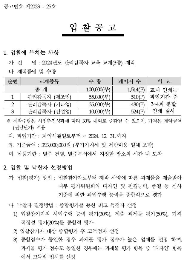 공고번호 제2023 - 25호입 찰 공 고1. 입찰에 부치는 사항가. 건 명 : 2024년도 관리감독자 교육 교재(3종) 제작나. 제작품명 및 수량순번 교재종류 수 량 페이지 수 비 고총 계100,000(부)1,514(P)1. 관리감독자(제조업) 55,000(부)510(P)2. 관리감독자(기타업) 35,000(부)480(P)3. 관리감독자 (건설업) 10,000(부) 524(P)교재 인쇄는 과업기간 중 3~4회 분할 인쇄 실시※ 제작수량은 사업추진성과에 따라 30% 내외로 증감될 수 있으며, 가격은 계약금액(권당단가) 적용다. 과업기간 : 계약체결일로부터 ~ 2024. 12. 31.까지라. 기준금액 : 393,000,000원 (부가가치세 및 제반비용 일체 포함)마. 납품기한 : 발주 건별, 발주부서에서 지정한 장소와 시간 내 도착2. 입찰 및 낙찰자 선정방법가. 입찰(평가) 방법 : 입찰참가자로부터 제작 사양에 따른 과제물을 제출받아내부 평가위원회의 디자인 및 편집능력, 품질 등심사기준에 의한 과업수행 능력을 종합적으로 평가나. 낙찰자 결정방법 : 종합평가를 통한 최고 득점자 선정1) 입찰참가자의 사업수행 능력 평가(30%), 제출 과제물 평가(50%), 가격적정성 평가(20%)를 종합적 평가2) 입찰참가자 대상 종합평가 후 고득점자 선정3) 종합점수가 동일한 경우 과제물 평가 점수가 높은 업체를 선정하며, 과제물 평가 점수도 동일한 경우에는 과제물 평가 항목 중 ‘디자인’ 항목에서 고득점 업체를 선정