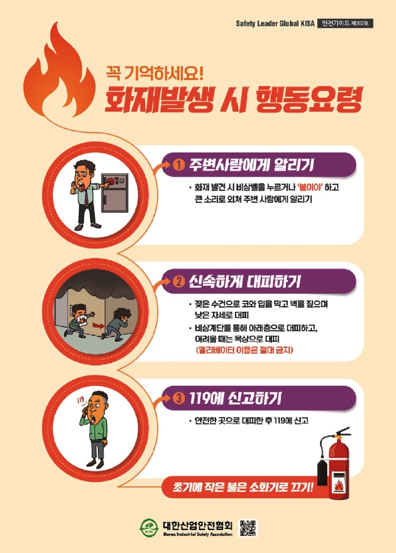 Safety Leader Global KISA 안전가이드 제367호꼭 기억하세요!화재발생시 행동요령1. 주변사람에게 알리기화재 발견 시 비상벨을 누르거나 불이야 하고큰소리로 외쳐 주변사람에게 알리기2. 신속하게 대피하기젖은 수건으로 코와 입을 막고 벽을 짚으며낮은 자세로 대피비상계단을 통해 아래층으로 대피하고, 어려울 때는 옥상으로 대피엘리베이터 이용은 절대 금지3. 119에 신고하기안전한 곳으로 대피한 후 119에 신고초기에 작은 불은 소화기로 끄기대한산업안전협회Korea Industrial Safety Association