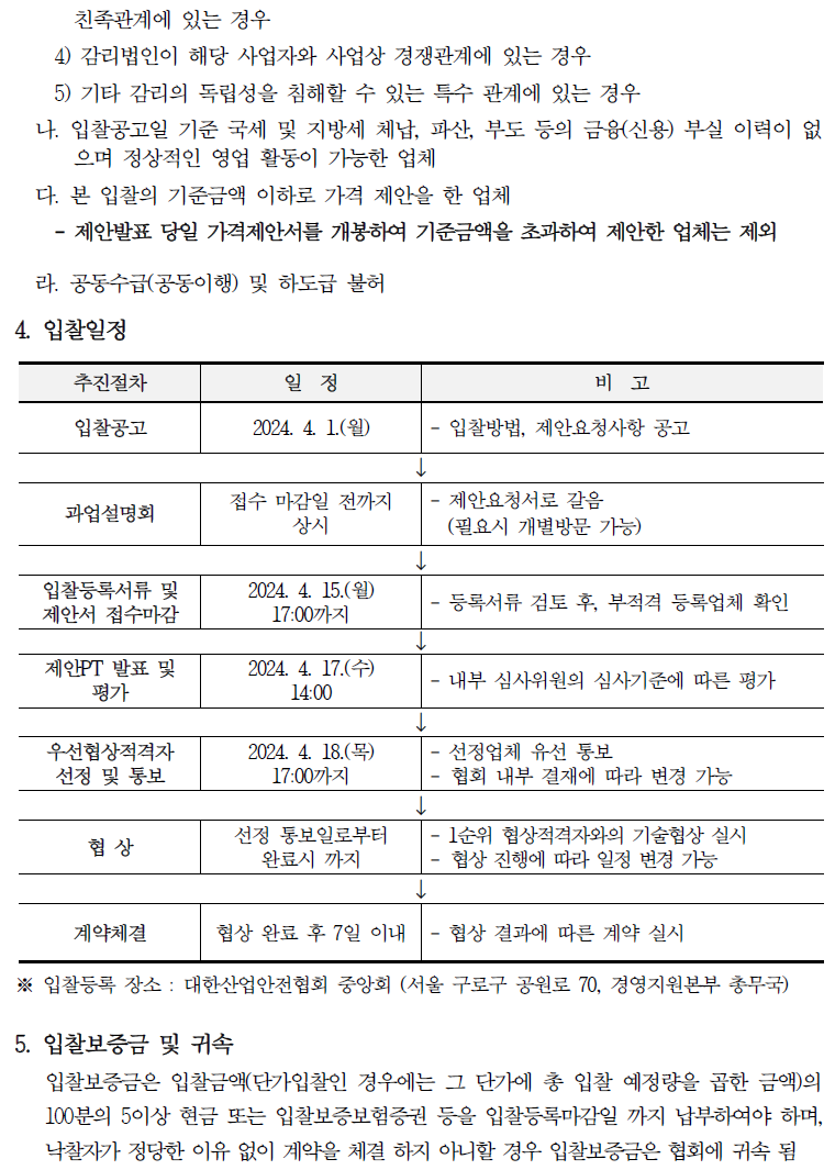 입찰에 부치는 사항 가. 건명: 메인시스템 재구축 사업 감리 용역 나. 과업내용 : 3단계 감리를 통한 대상 사업의 관리, 감독, 사업계획 및 보안성 검토 등 다. 계약기간: 계약일로부터 ~ 2024. 12. 31.까지(감리 대상사업 종료일을 원칙으로 함) 라. 기준금액 : 140,000,000원(부가세 포함)