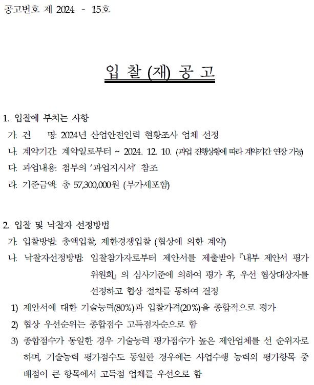 공고번호 제 2024 - 15호 입찰(재)공고 1. 입찰에 부치는 사항 가. 건 명: 2024년 산업안전인력 현황조사 업체 선정 나. 계약기간 계약일로부터 ~ 2024. 12. 10. (과업 진행상황에 따라 계약기간 연장가능) 다. 과업내용 첨부의 '과업지시서 참조 라. 기준금액: 총 57,300,000원 (부가세포함) 2. 입찰 및 낙찰자 선정방법 가. 입찰방법: 총액입찰, 제한경쟁입찰 (협상에 의한 계약) 나. 낙찰자선정방법 입찰참가자로부터 제안서를 제출받아 내부 제안서 평가 위원회의 심사기준에 의하여 평가 후, 우선 협상대상자를 선정하고 협상 절차를 통하여 결정 1) 제안서에 대한 기술능력(80%)과 입찰가격(20%)을 종합적으로 평가 2) 협상 우선순위는 종합점수 고득점자순으로 함 3) 종합점수가 동일한 경우 기술능력 평가점수가 높은 제안업체를 선 순위자로 하며, 기술능력 평가점수도 동일한 경우에는 사업수행 능력의 평가항목 중 배점이 큰 항목에서 고득점 업체를 우선으로 함