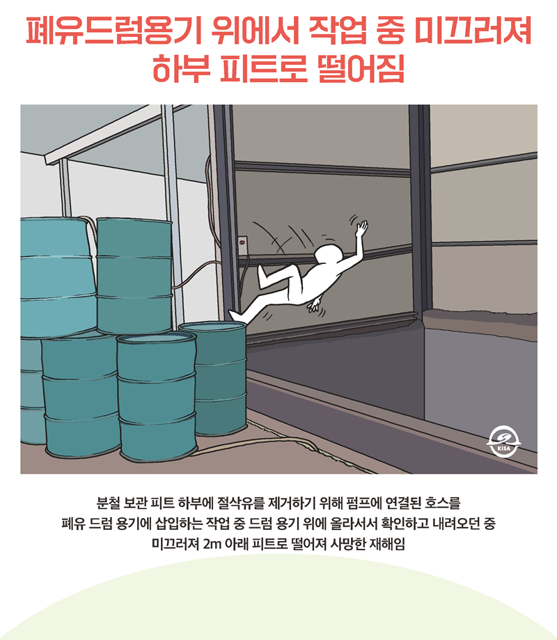 폐유드럼용기 위에서 작업 중 미끄러져 하부 피트로 떨어짐 (1)