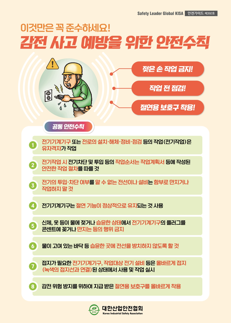 이것만은 꼭 준수하세요! Safety Leader Global KISA 안전가이드 제392호 공통 안전수칙 젖은 손 작업 금지! 작업 전 점검! 절연용 보호구 착용! 전기기계기구 또는 전로의 설치·해체·정비·점검 등의 작업(전기작업)은 유자격자가 작업 1 전기작업 시 전기차단 및 투입 등의 작업순서는 작업계획서 등에 작성된 안전한 작업 절차를 따를 것 2 전기의 투입·차단 여부를 알 수 없는 전선이나 설비는 함부로 만지거나 작업하지 말 것 3 4 전기기계기구는 절연 기능이 정상적으로 유지되는 것 사용 신체, 옷 등이 물에 젖거나 습윤한 상태에서 전기기계기구의 플러그를 콘센트에 꽂거나 만지는 등의 행위 금지 5 6 물이 고여 있는 바닥 등 습윤한 곳에 전선을 방치하지 않도록 할 것 접지가 필요한 전기기계기구, 작업대상 전기 설비 등은 올바르게 접지 (녹색의 접지선과 연결)된 상태에서 사용 및 작업 실시 7 8 감전 위험 방지를 위하여 지급 받은 절연용 보호구를 올바르게 착용Korea Industrial Safety Association