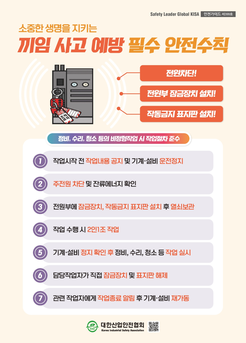 Safety Leader Global KISA 안전가이드 제399호 소중한 생명을 지키는 끼임 사고 예방 필수 안전수칙 전원차단! 전원부 잠금장치 설치! 작동금지 표지판 설치! 1.정비, 수리, 청소 등의 비정형작업 시 작업절차 준수 2.작업시작 전 작업내용 공지 및 기계·설비 운전정지 3.주전원 차단 및 잔류에너지 확인 4.전원부에 잠금장치, 작동금지 표지판 설치 후 열쇠보관 5.작업 수행 시 2인1조 작업 6.기계·설비 정지 확인 후 정비, 수리, 청소 등 작업 실시 7.담당작업자가 직접 잠금장치 및 표지판 해제 8.관련 작업자에게 작업종료 알림 후 기계·설비 재가동 대한산업안전협회 KISA Korea Industrial Safety Association