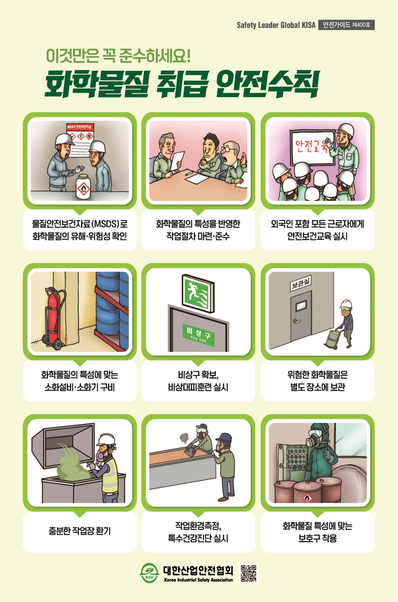 Safety Leader Global KISA 안전가이드 제400호 이것만은 꼭 준수하세요! 화학물질 취급 안전수칙 물질안전보건자료(MSDS)로 화학물질의 유해·위험성 확인 화학물질의 특성을 반영한 작업절차 마련·준수 외국인 포함 모든 근로자에게 안전보건교육 실시 화학물질의 특성에 맞는 소화설비·소화기 구비 비상구 확보, 비상대피훈련 실시 위험한 화학물질은 별도 장소에 보관 충분한 작업장 환기 작업환경측정, 특수건강진단 실시 화학물질 특성에 맞는 보호구 착용 대한산업안전협회 KISA Korea Industrial Safety Association