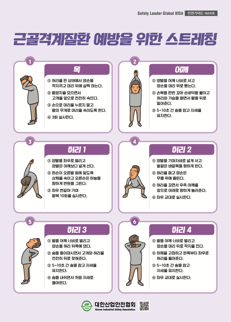 Safety Leader Global KISA 안전가이드 제409호 근골격계질환 예방을 위한 스트레칭 1.목 ① 허리를 핀 상태에서 양손을 깍지끼고 머리 뒤에 살짝 얹는다. ② 팔꿈치를 모으면서 고개를 앞으로 천천히 숙인다. ③ 손으로 머리를 누르지 말고 팔의 무게로 머리를 숙이도록 한다. ④ 3회 실시한다. 2.어깨 ① 양팔을 좌우로 벌리고 양발은 어깨보다 넓게 선다. ② 왼손이 오른발 등에 닿도록 상체를 숙이고 오른손은 하늘을 향하게 반원을 그린다. ③ 좌우 번갈아 가며 왕복 10회를 실시한다. 3.허리1 ① 발을 어깨 너비로 벌리고 양손을 허리 뒤쪽에 댄다. ② 숨을 들이마시면서 고개와 허리를 천천히 뒤로 젖혀준다. ③ 5~10초 간 숨을 참고 자세를 유지한다. ④ 숨을 내쉬면서 처음 자세로 돌아온다. 4.허리2 ① 양발을 어깨 너비로 서고 양손을 머리 위로 뻗는다. ② 손목을 한번 꼬아 손바닥을 붙이고 허리와 가슴을 펴면서 팔을 뒤로 밀어준다. ③ 5~10초 간 숨을 참고 자세를 유지한다. 5.허리3 ① 양발을 기마자세로 넓게 서고 발끝은 바깥쪽을 향하게 한다. ② 허리를 펴고 양손은 무릎 위에 올린다. ③ 허리를 꼬면서 우측 어깨를 앞으로 아래로 향하게 눌러준다. ④ 좌우 교대로 실시한다. 6.허리4 ① 발을 어깨 너비로 벌리고 양손을 머리 뒤로 깍지를 낀다. ② 하체를 고정하고 왼쪽부터 좌우로 허리를 틀어준다. ③ 5~10초 간 숨을 참고 자세를 유지한다. ④ 좌우 교대로 실시한다. 대한산업안전협회 KISA Korea Industrial Safety Association